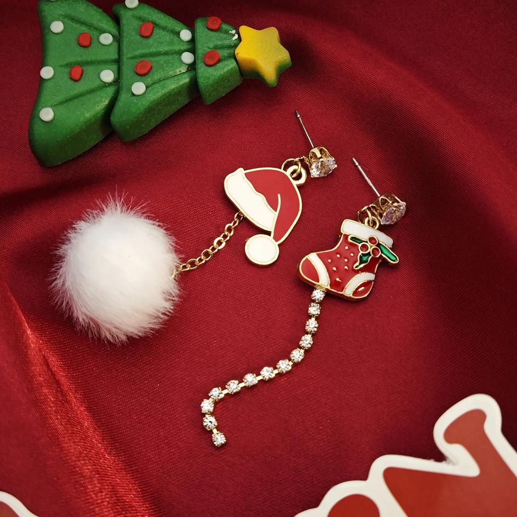 New Trendy Christmas Asymmetric Tassel Earrings for Women Red Bowknot Snowflake Elk Zircon Long Earring Girls Party Jewelry Gift