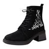 Women's Casual Fashion Flower Embroidery Temperament Commuting Thick Soled Side Zipper Ankle Heeled Boots for Women Booties