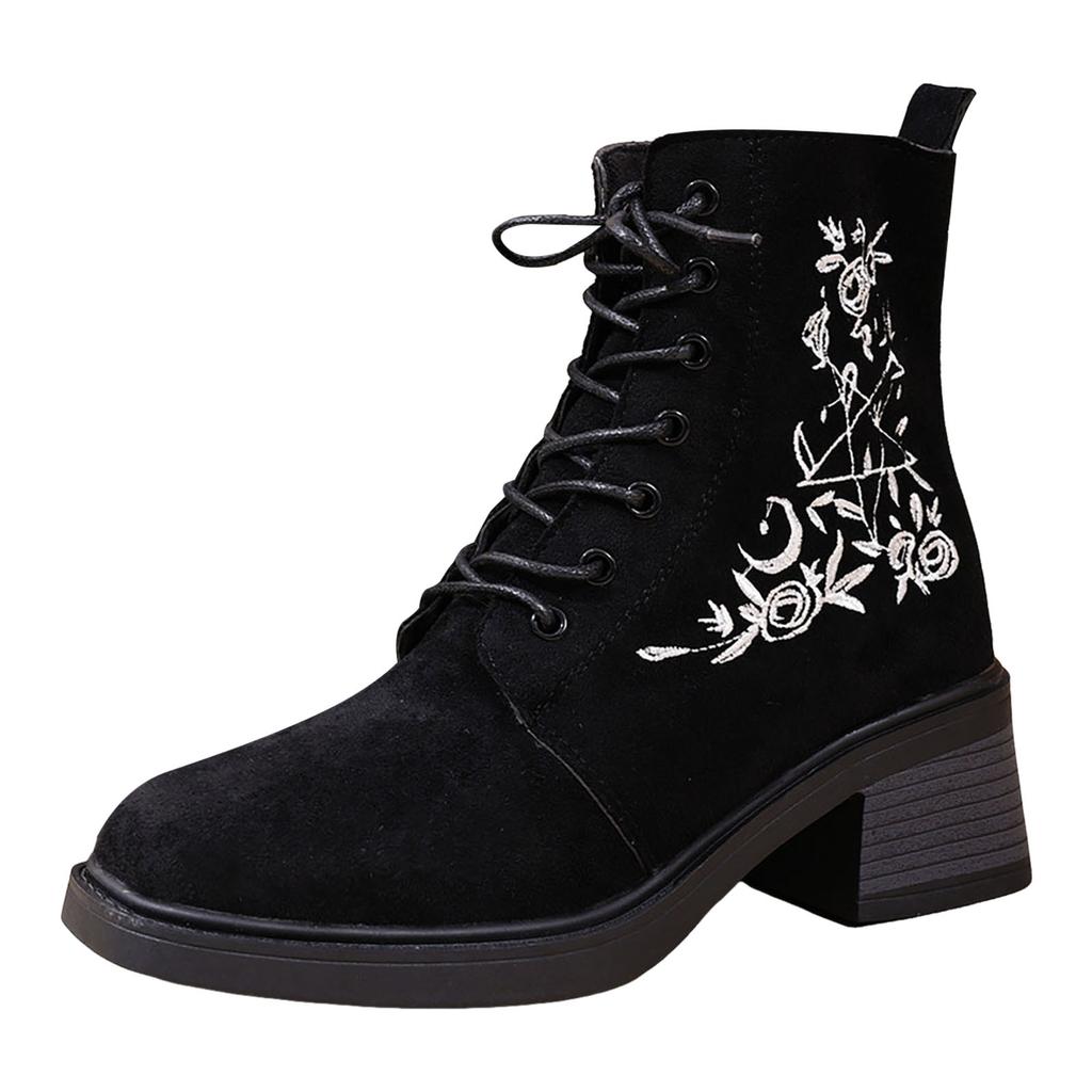 Women's Casual Fashion Flower Embroidery Temperament Commuting Thick Soled Side Zipper Ankle Heeled Boots for Women Booties