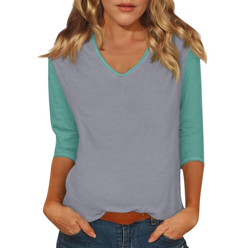Women's Casual Fashion Sexy Comfortable V-neck Stitching Color Three-quarter Sleeve Top