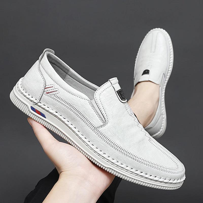 Summer Men Leather Four Seasons Single Shoes Handsewn Casual Shoes Comfort Breathable Soft Men's Driving Shoes Handmade Sneakers