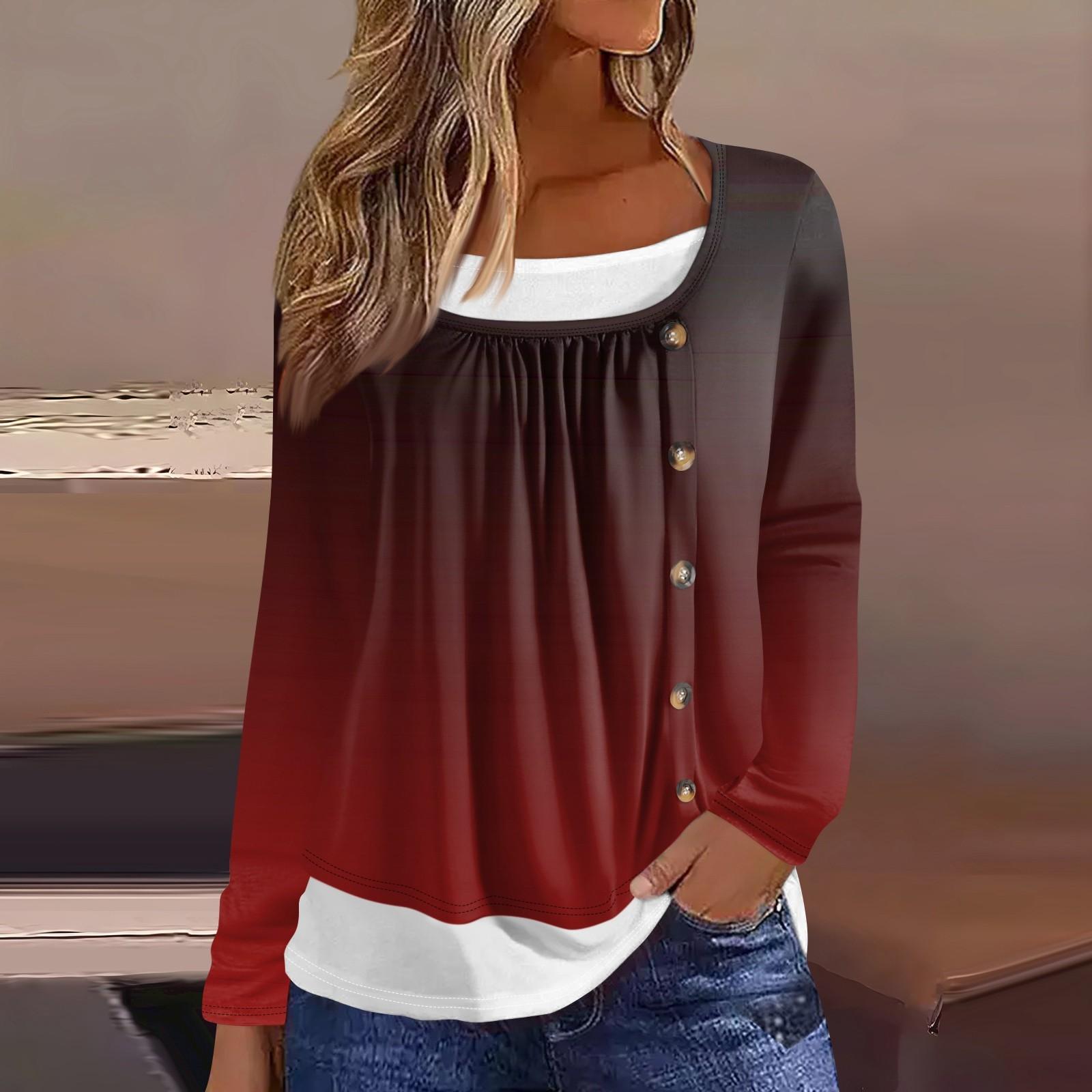 

Женская футболка с принтом, длинный рукав, поддельные две части, повседневная мода на выходные, базовый обычный топ XL винный