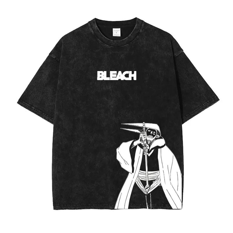 Anime B-Bleach T Shirts Vintage Washed Kurosaki Ichigo T-shirt Streetwear Manga Renji Zaraki Kenpachi Tops Tees Man