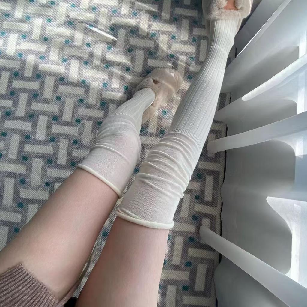 Schoolgirl Inspired White Over Knee Stacked Long Socks Women Spring Thigh High with Boot Splicing Design Knee Protection