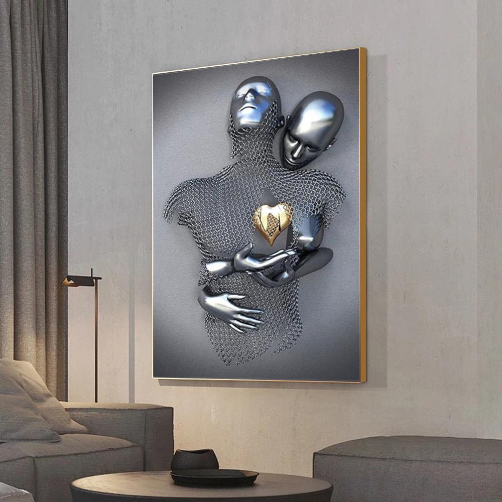Metal Figure Statue Posters Print Modern Lovers Sculpture Canvas Painting Wall Art Wall Pictures for Room Home Decoration No Frame