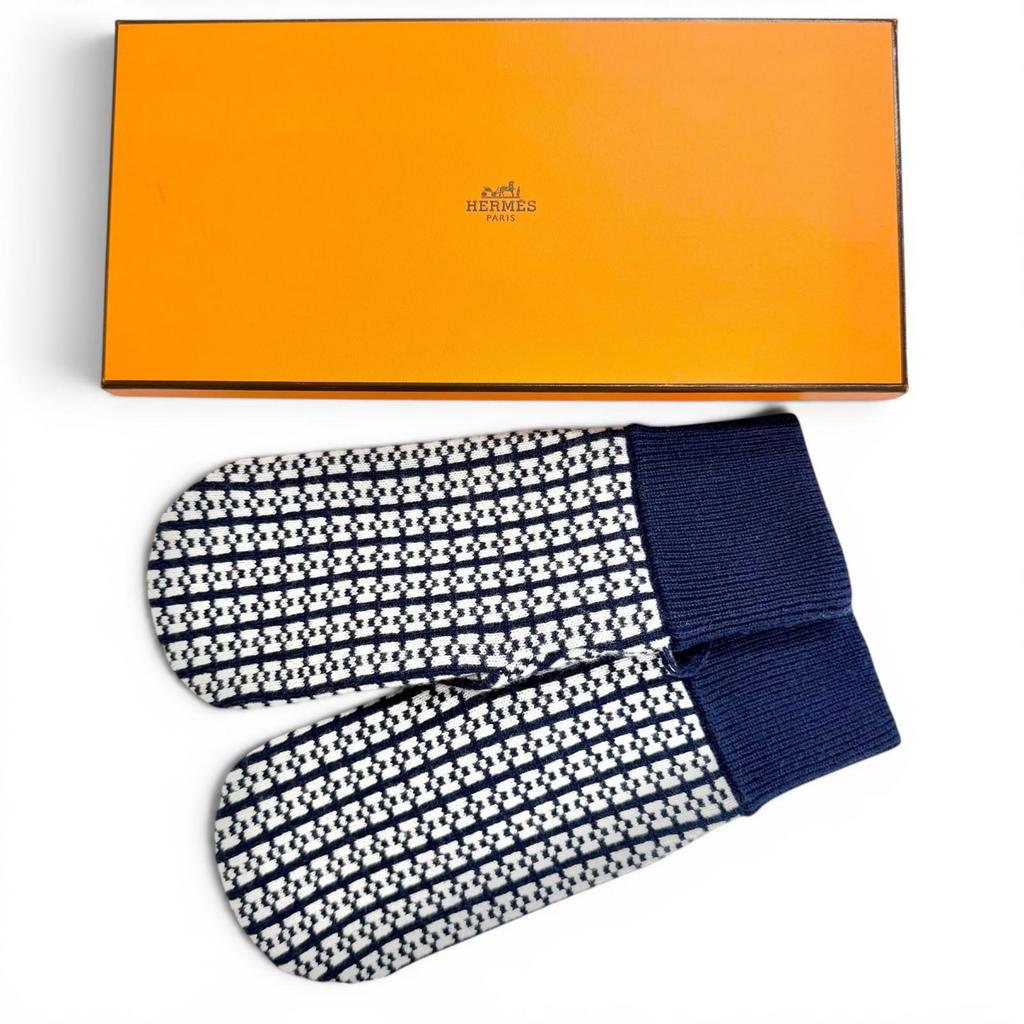 Excellent HERMES Hope Mitten H-pattern Knit Jacquard Gloves Navy Cashmere M Used