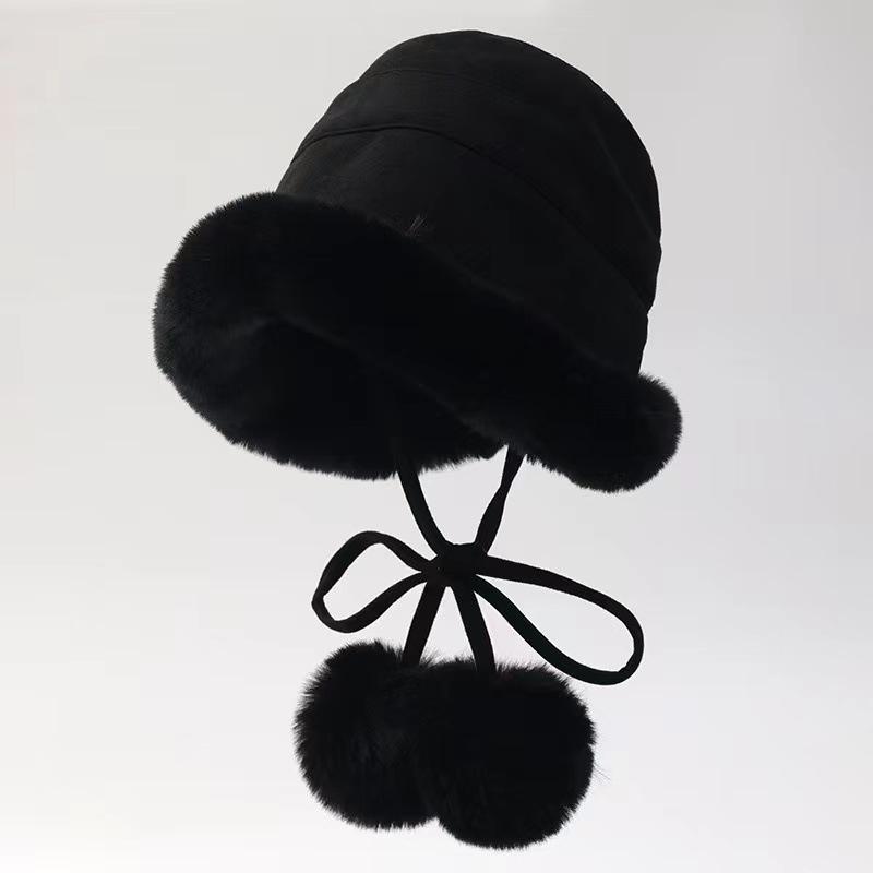 Women's Suede Mongolian Hat with Fur Ball Earmuffs - Versatile, Cute, and Warm for Autumn and Winter