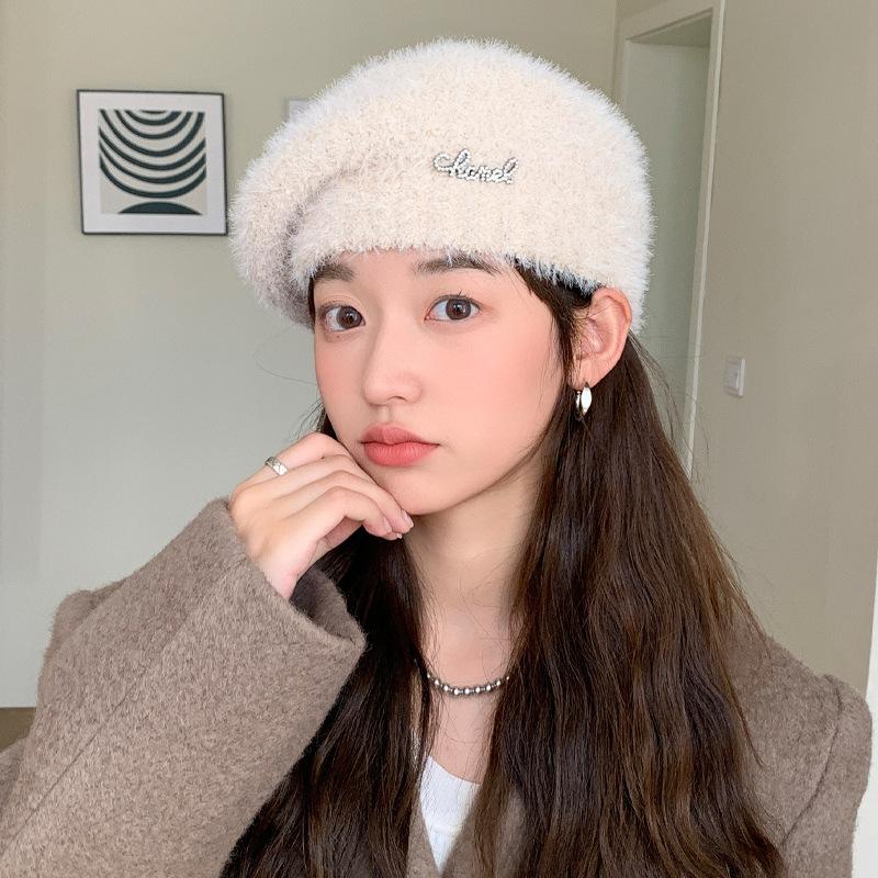 Autumn and winter new hats women's diamond-encrusted alphabet knitted wool beret winter warm pumpkin hat tide