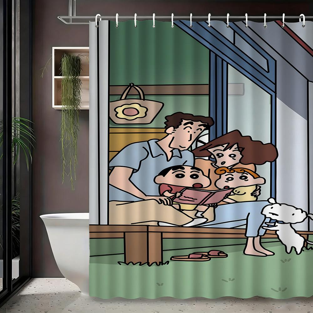 Crayon Shin-chan & Friends with Shiro 2D Print Waterproof Shower Curtain, Green Anime Bathroom Decor with Hooks