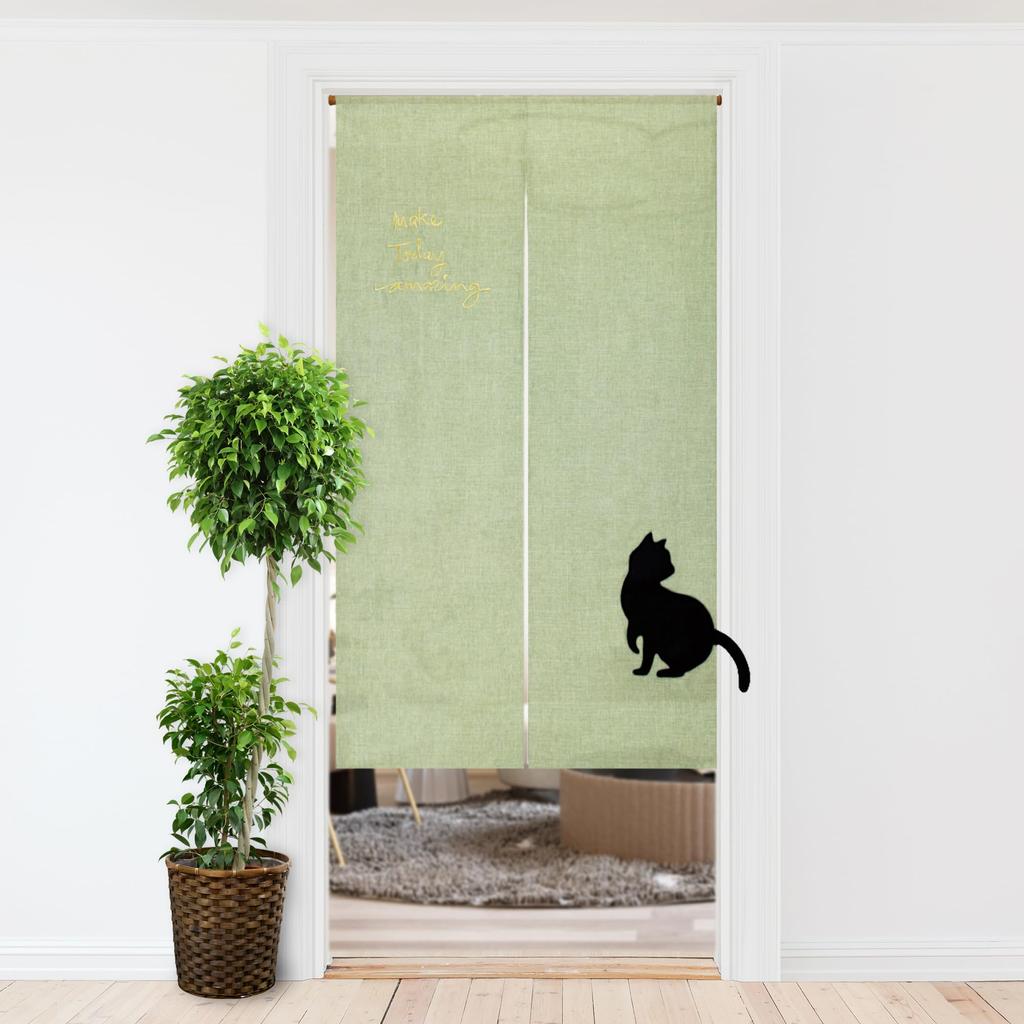 Stylish Noren Curtain, Room Divider, Privacy Curtain, Solid Color, Muji, Black Cat, Kitty Appliqué, Natural, Appli-Cat, 85x150cm