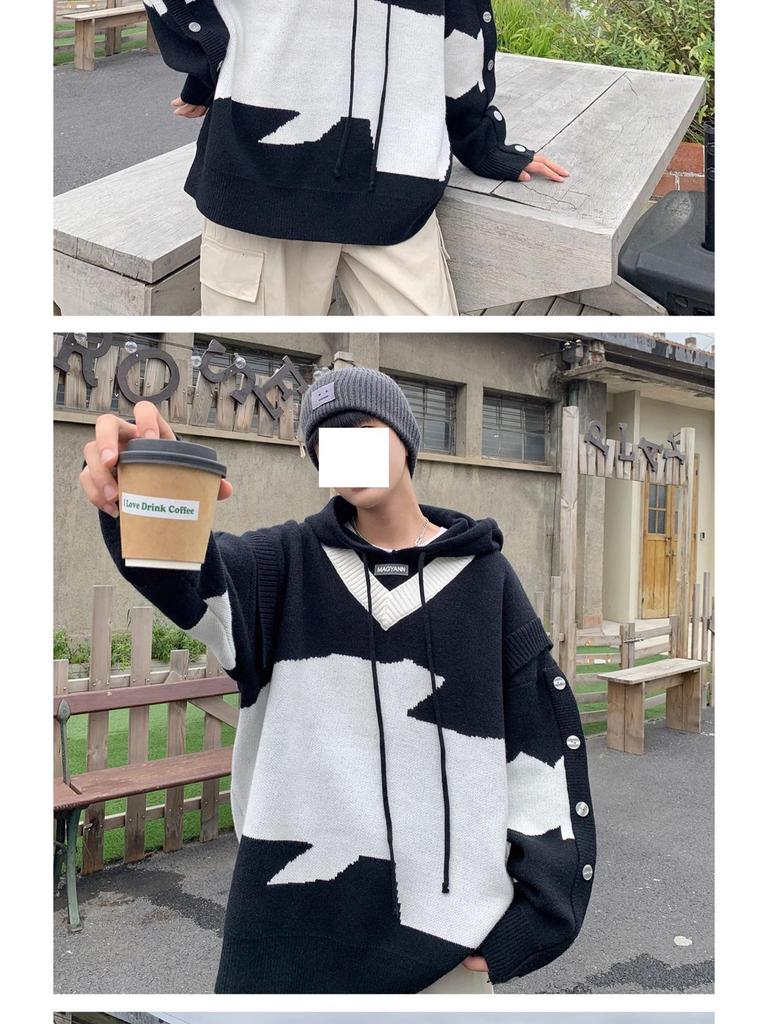 Men's Black & White Patchwork Knitted Sweatshirt, Autumn/Winter, Oversized Hooded Jacket, High-End Casual Style.
