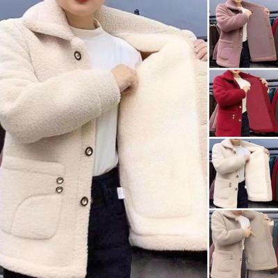 Dámské Podzim Zima Jednobarevná Bunda Kabát Klopa Dlouhý rukáv Zesílený Imitace jehněčí vlny Cardigan Single Breasted Outwear Streetwear