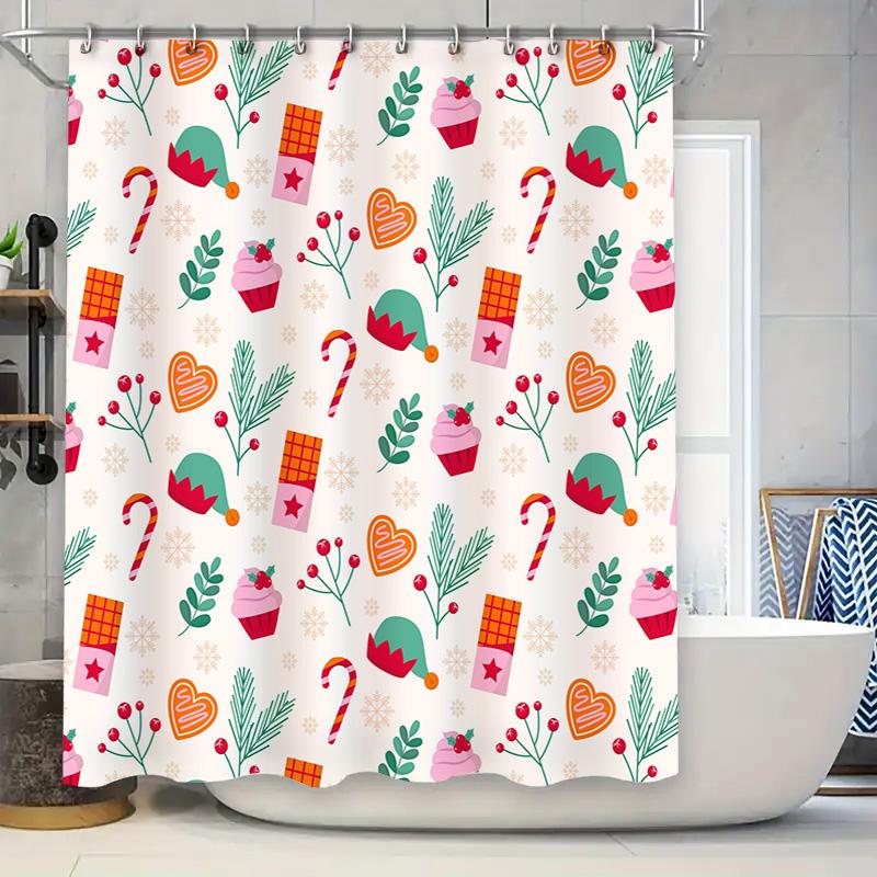 Восхитительная Рождественская Шторка для Душа Праздничный Узор с Конфетными Капкейками и Венками Декоративное Ванное Полотно Водонепроницаемая Ткань Шторка для Душа 90x180cm