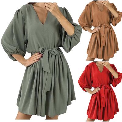 Fashion Women's V-neck Straps Color Sexy Seven- Sleeve Dress
