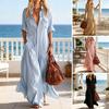 Damen Kurzarm Maxi Hemdkleid, Knopfleiste Revers V-Ausschnitt Fließendes Langes Kleid, Sommerlich Lässiges Rüschen A-Linien Kleid mit Taschen