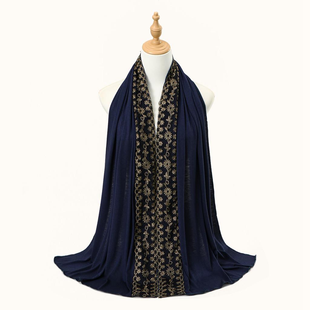 Premium Lace Jersey Hijab Scarf For Women Muslim Embroidered Flowers Hijabs Long Shawl Wraps Headband Scarves Muffler 170*60Cm
