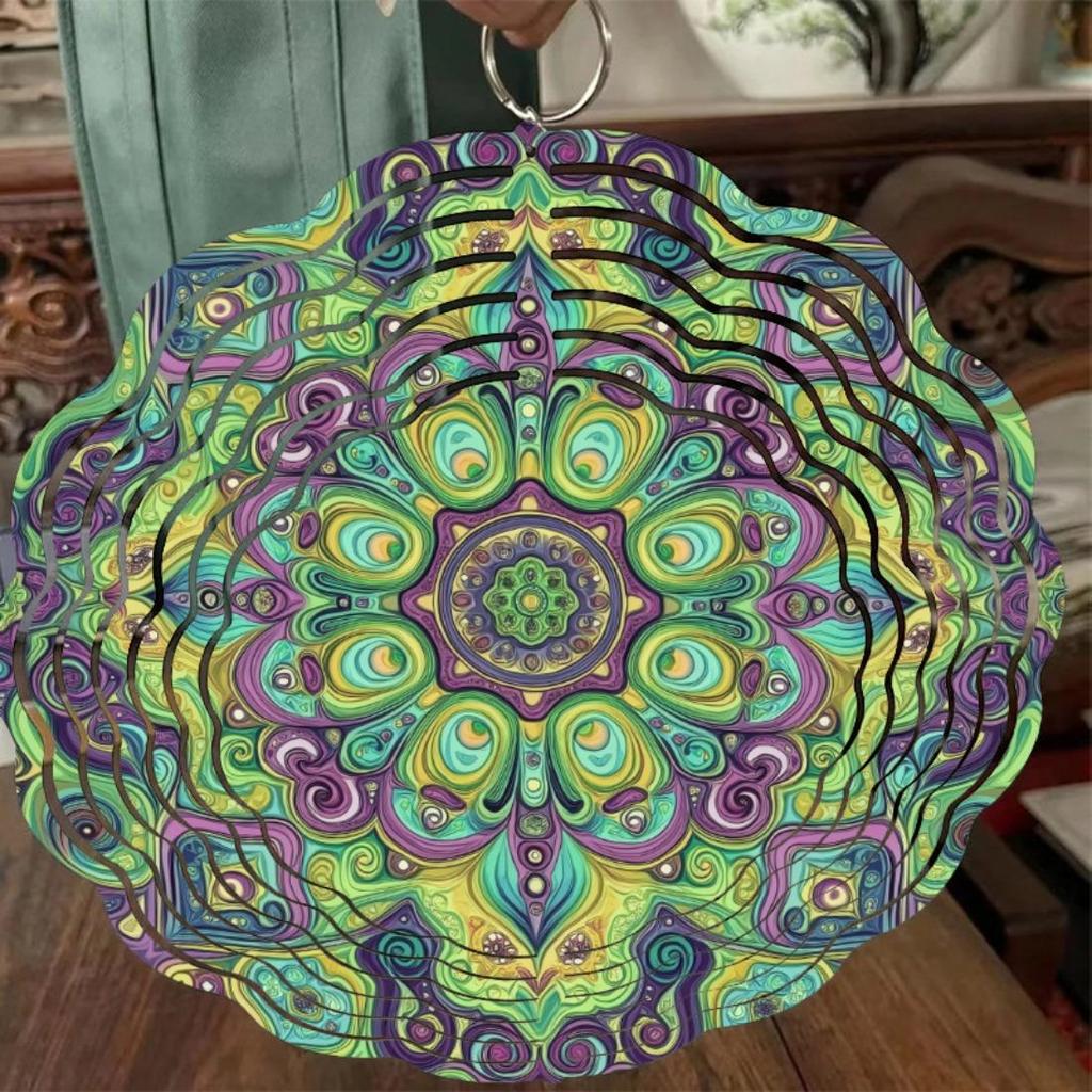 1ks Umělecká Zelená Mandala Kovová Větrná Zvonkohra Rotující Dekorace, 25,4 cm, Vnitřní Venkovní Závěsná, Ideální pro Vánoce, Halloween, Den díkůvzdání