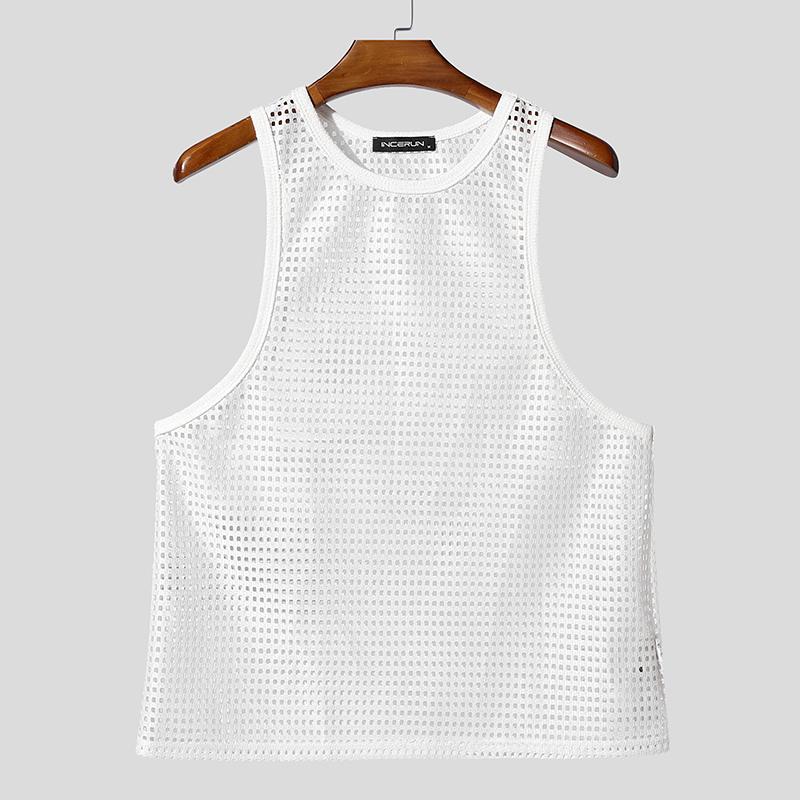 INCERUN Men Sleeveless Mesh Sheer Hollow Casual Beach Tank Tops Cover Up