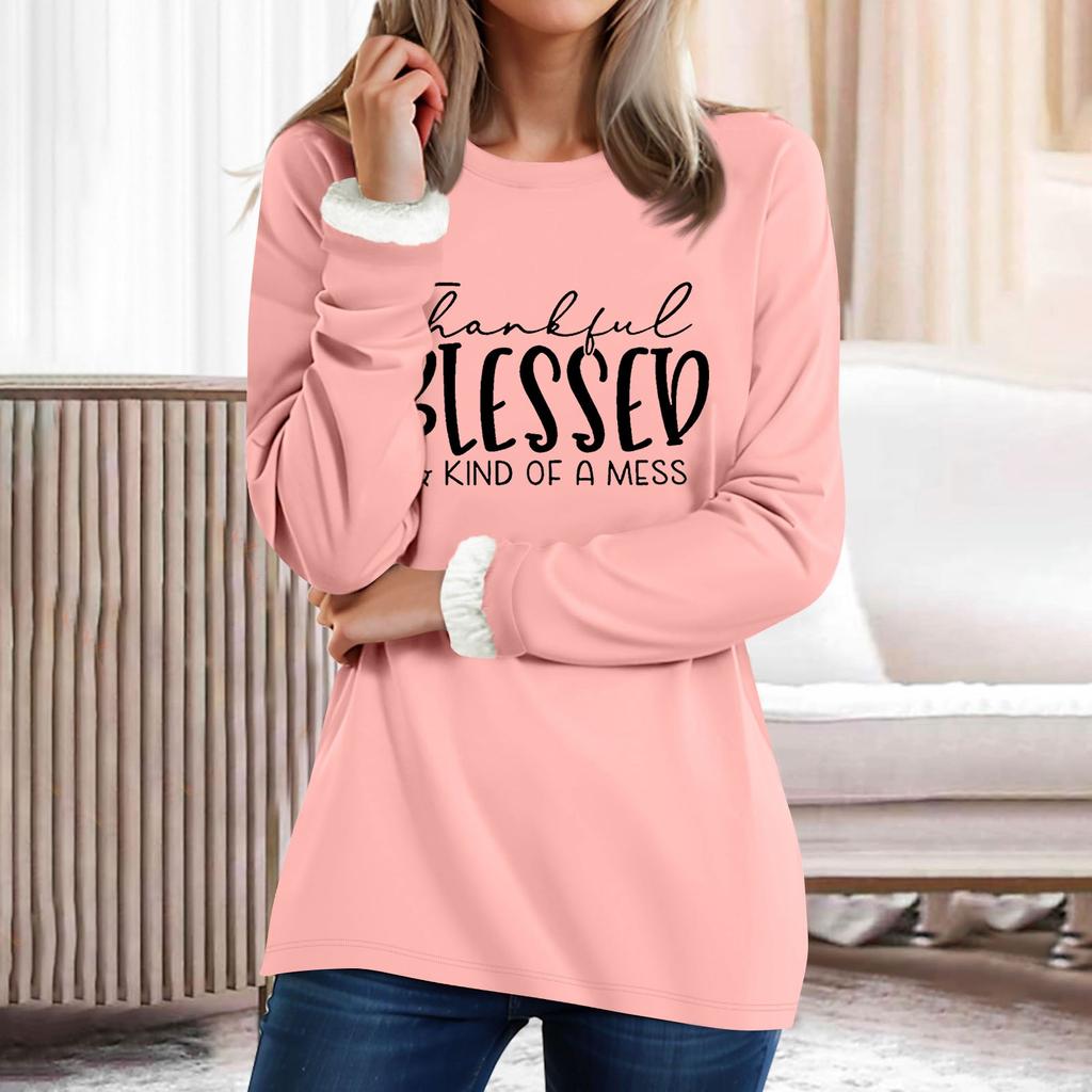 Kadın Yuvarlak Yaka Üst Harf Baskılı Kalınlaştırılmış Peluş Kaşmir Sıcak Uzun Üst