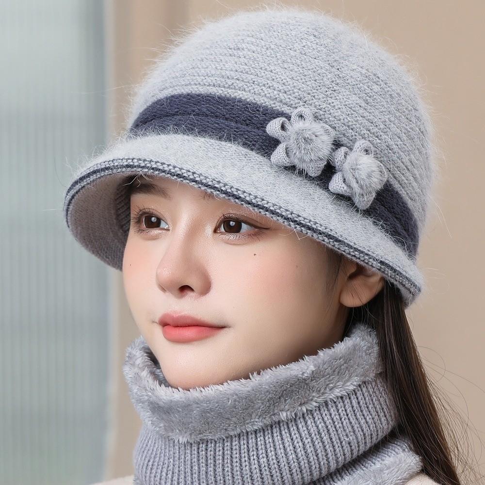 Plush Floral Decor Hat Warm Knit Basin Cap Fashion Middle-aged Elderly Bucket Hat Outdoor