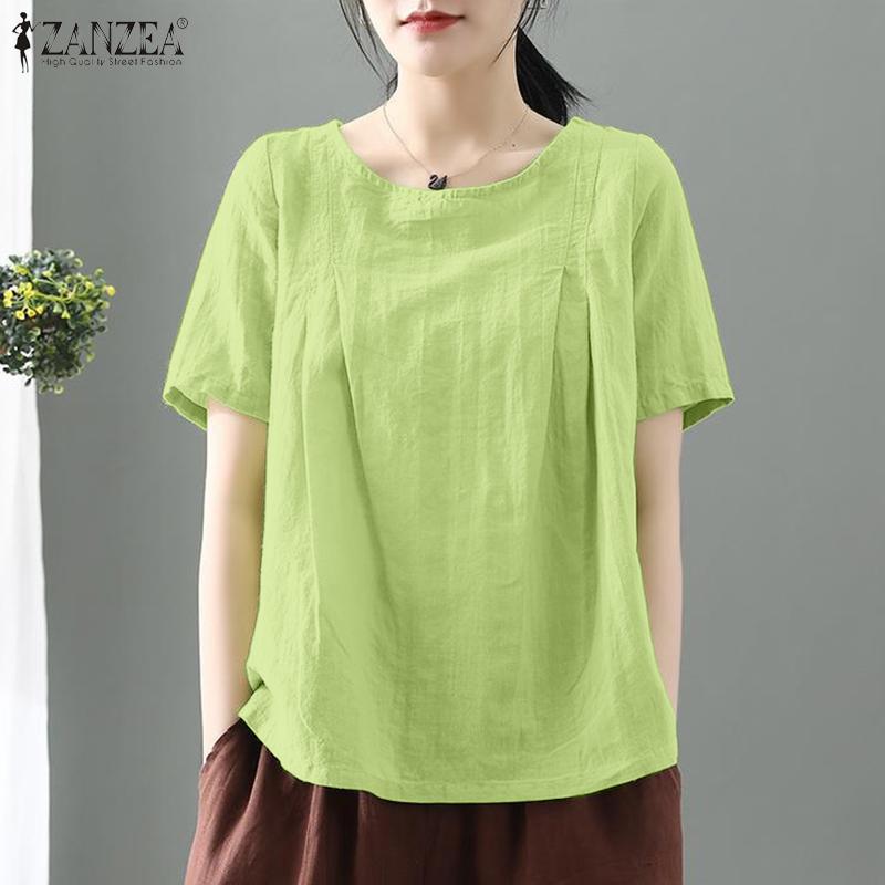 

ZANZEA женская летняя плиссированная однотонная свободная блузка с круглым вырезом и короткими рукавами
