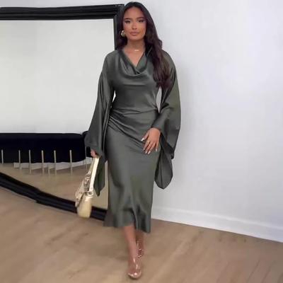 European & American 2024 Spring Batwing Sleeve Cowl Neck Waist-Cinching Sexy Dress