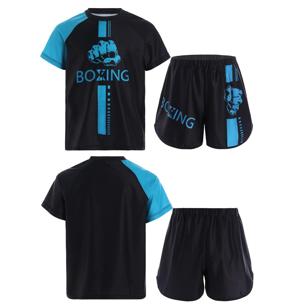 Kids Boys Muay Thai Boxing Suit Fashion Printed Boxer Short Sleeve T-shirt + Shorts Rashguard Bjj Gym Jerseys Sportswear