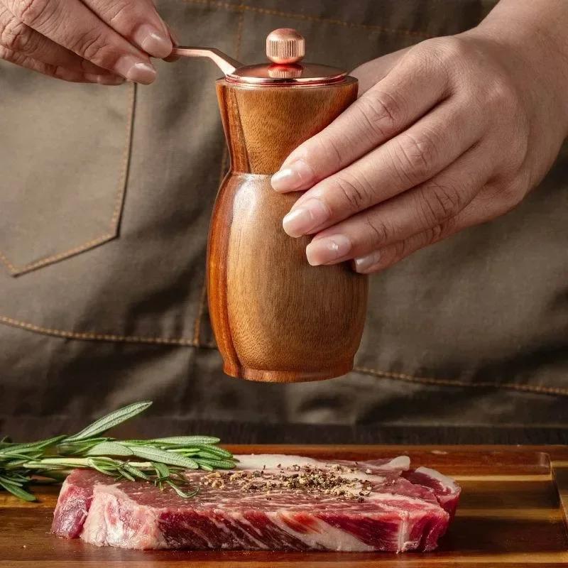 Hand Cranked Pepper Grinder Set Vase Shape Acacia Wooden Black Pepper Grinder Adjustable Ceramic Core Kitchen Grinding Tools