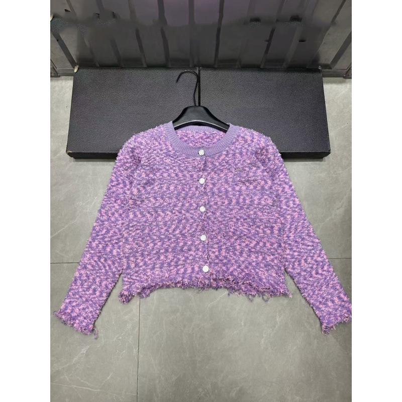 European Winter Tassel Knit Cardigan - Purple Round Neck, Single-Breasted, Age-Reducing, Versatile Outerwear