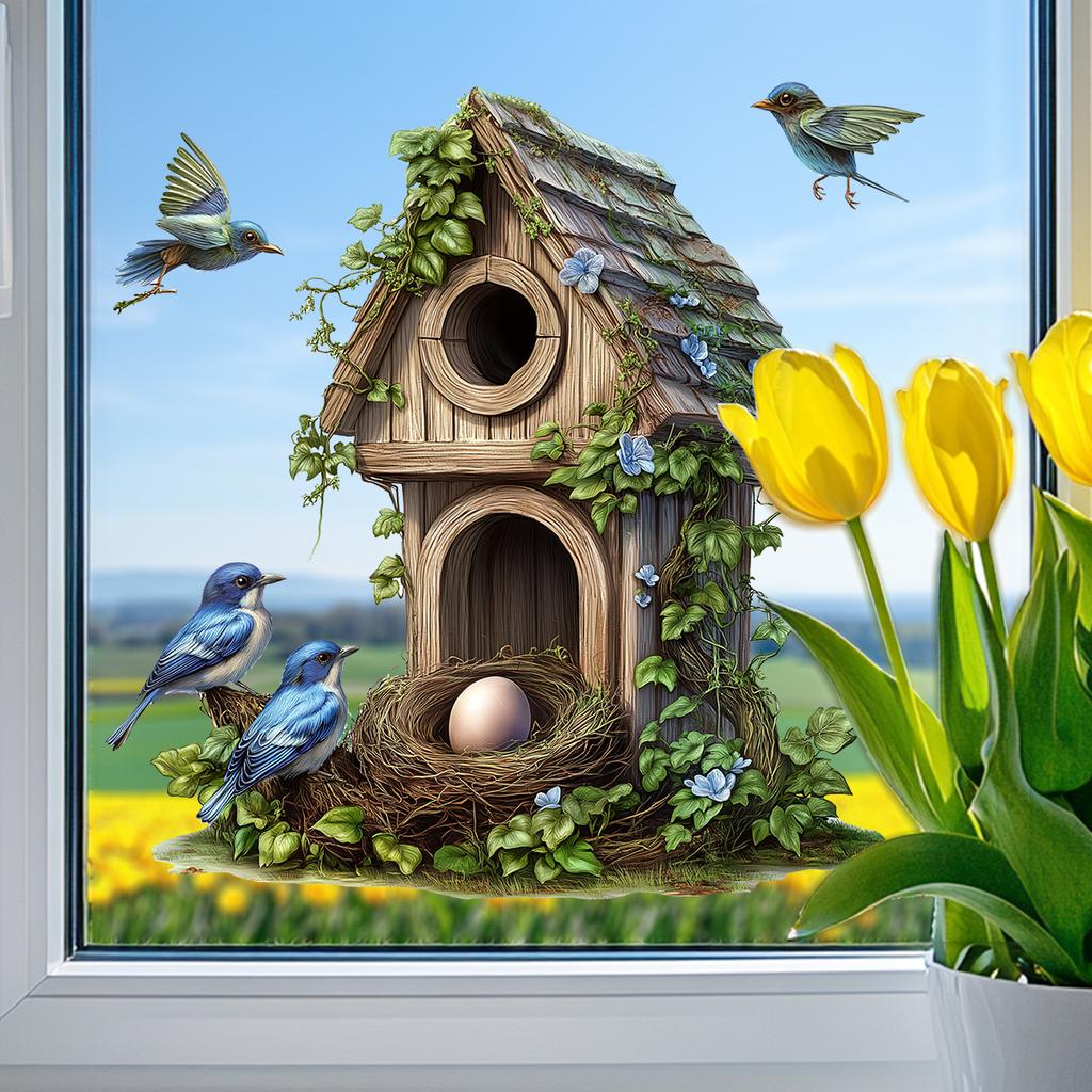 Fully Transparent Hand-painted Bird House Window Stickers, Living Room Balcony Glass Decorative Stickers