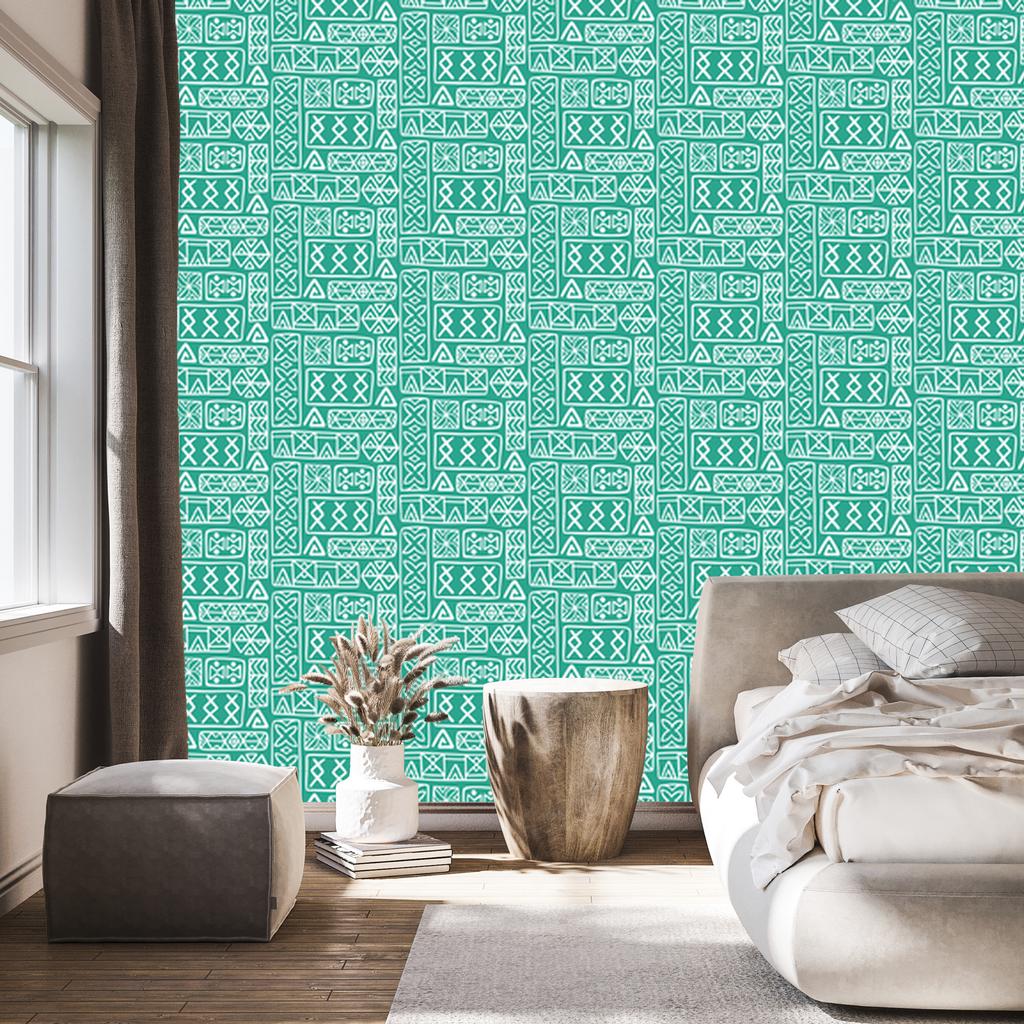 Polynesian Geometric Pattern Wallpaper Sea and Mint 50x1000