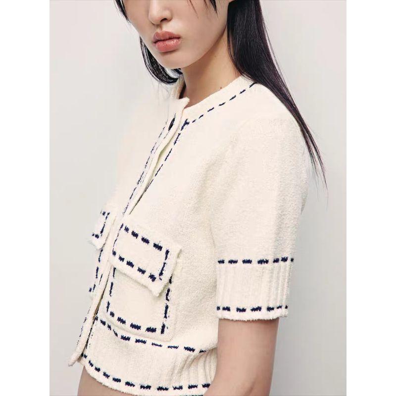 Za2025 Spring New Women Clothes String Decoration Creative Fashion Round Neck Short Sleeve Knitted Short Coat 3920148