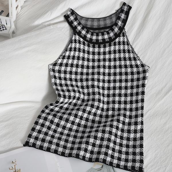 

Plaid Camisoles For Women Knitted Halter Vest Female High Neck Racer Solid Sleeveless Women Rib Knit Summer Slim Fitted Top