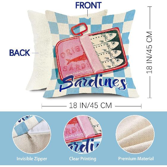 Sardines Can Decorative Throw Pillow Covers 18 x 18 Set of 4, Beach Coastal Fish Fisherman Aesthetic Porch Outdoor Home Decor, Retro Nautical Plaid