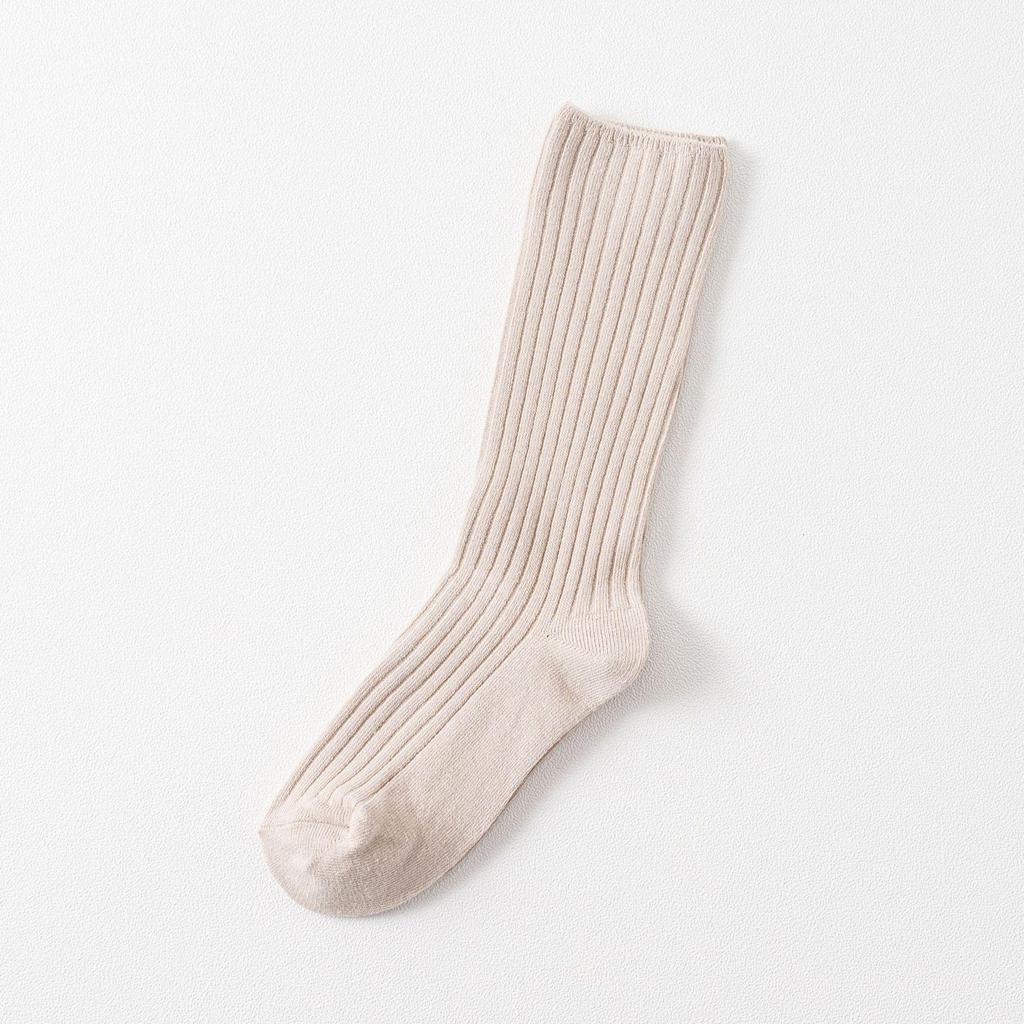 Autumn & Winter Women's Ribbed Cotton Mid-Calf Socks - Japanese Style, Solid Color, Double Needle.