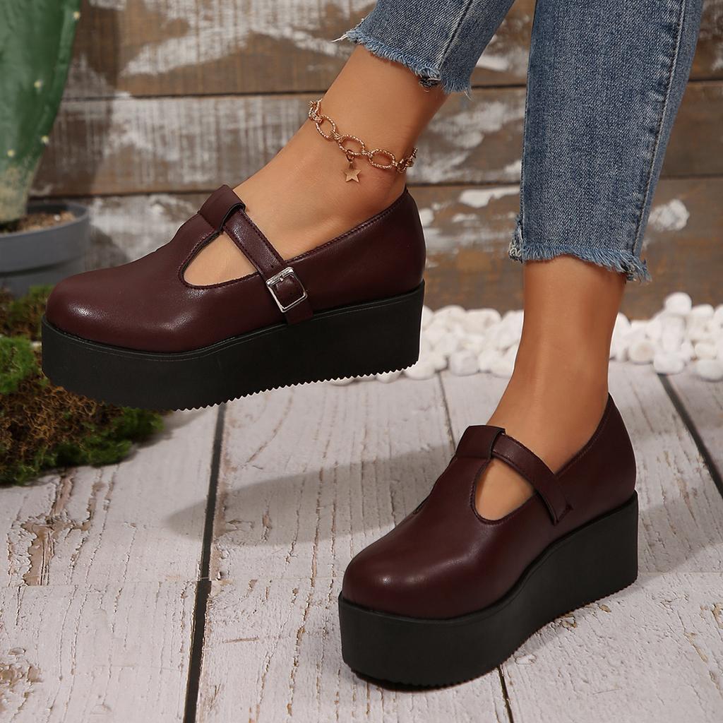Fashion Women's round-toed sloping heel soft-soled leather shoes, spring and autumn thick-soled sponge cake shallow single shoes
