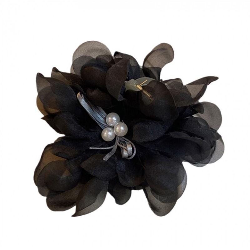 Large Tulle Bow With Pearls Clip Buckle Hair Ornament Black