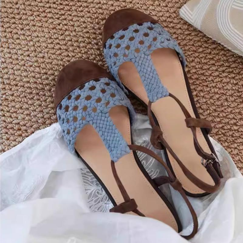 Handmade Woven Hollow Brand Flat Sandals Women Fashion Mixed Colors T Strap Buckle Designer Shoes Comfort Round Toe Casual Shoes 35 небесно-голубой 6190₽