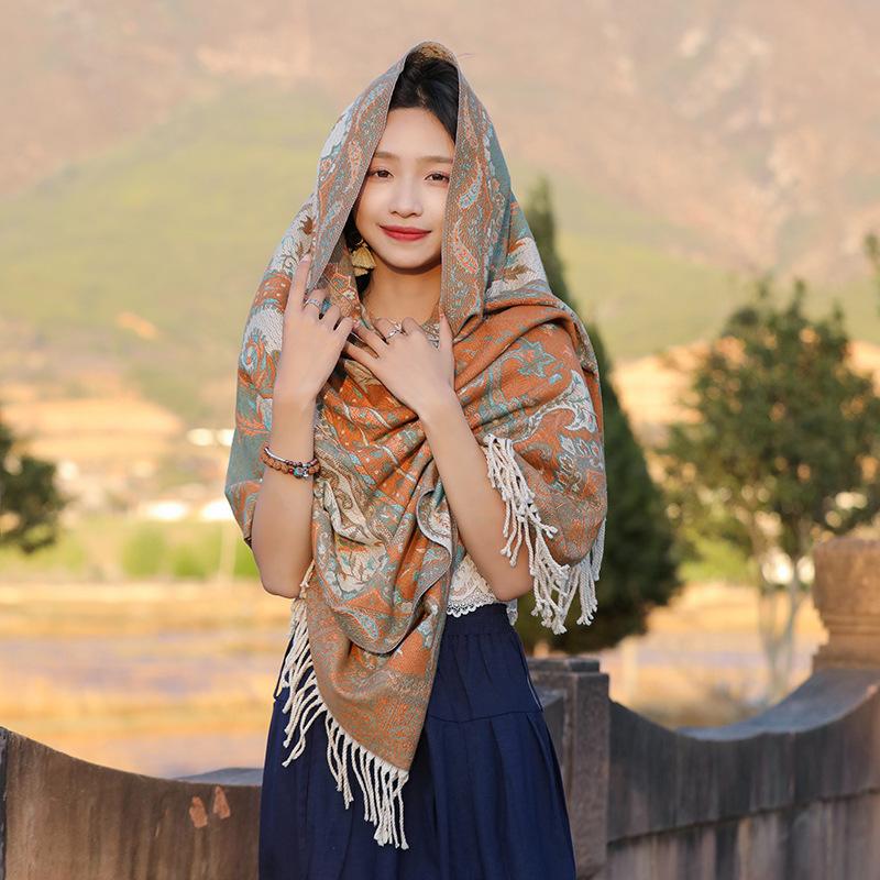 The photo is so beautiful~ Red travel scarf Qinghai Xizang desert ethnic style imitation cashmere thermal shawl women's cape