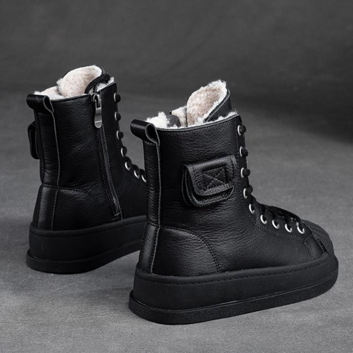 Johnature Winter Plüsch Warme Baumwollstiefel Echtes Leder Runde Zehen Dickbesohlte Kurze Damenstiefel