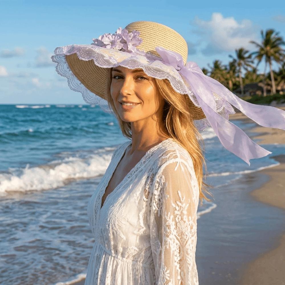 Breathable Lace Brim Sunshade Cap Elegant Outdoor Beach Hat Woman's Straw Hat Casual Wear