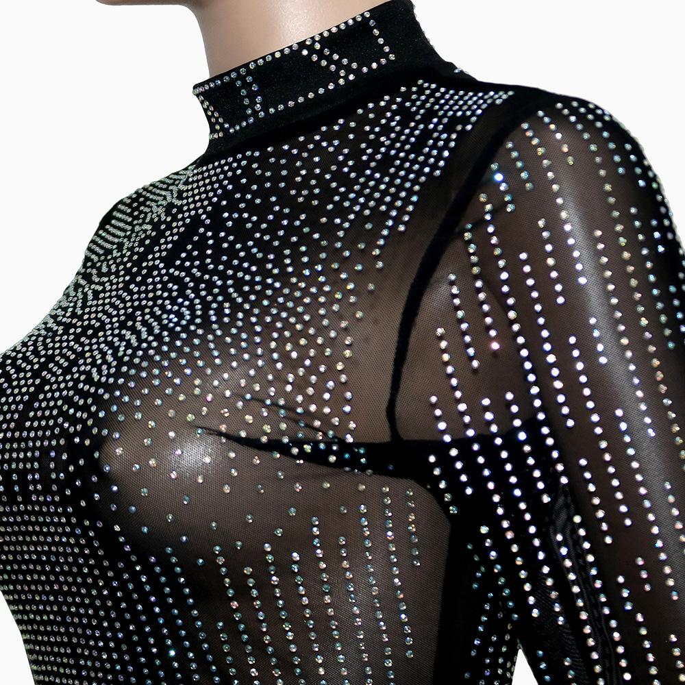 Women Fashion Sets Evening Dress Sexy Clubwear Black Long Sleeve Rhinestone T-Shirt and Skirt 2 Pcs Sets S-2XL