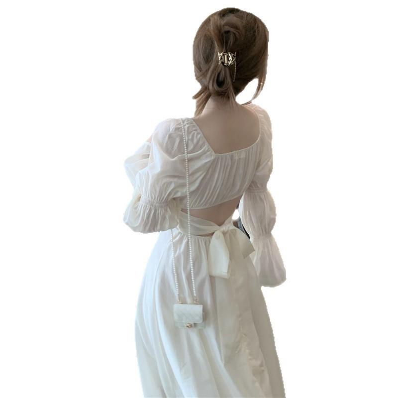 Pure desire wind backless dress bow straps autumn elegant charming and thin bubble sleeves super fairy long dress