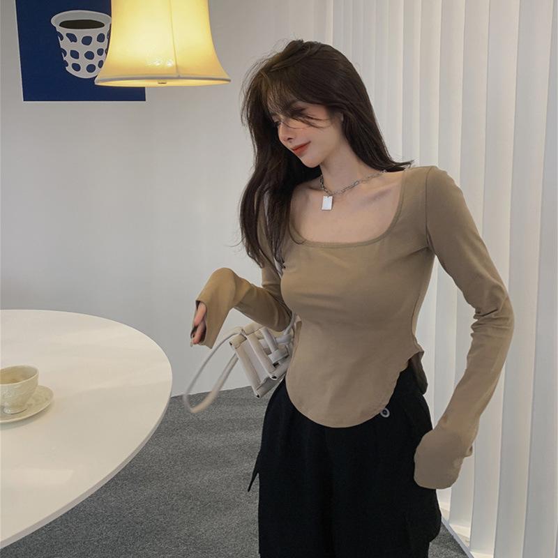 U-neck Design Solid Color Long-sleeved T-shirt Women's Slim Early Autumn New Base Shirt Irregular Inner Top