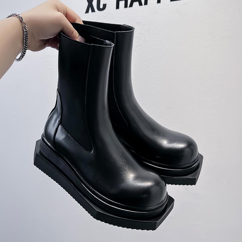 Thick-soled medium tube round head Chelsea boots dark square head cigarette tube short boots British men's big head Martin boots 68555-A