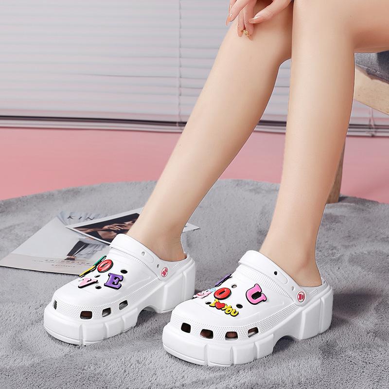 2025 new heightening hole shoes women's sandals wear platform fashion bag head slippers summer high heel sandals tide
