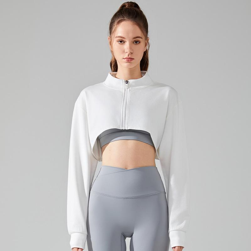 

Women s Long Sleeve Stand Collar Zip Yoga Jacket - Sexy Crop Running Fitness Cover-up XL білий