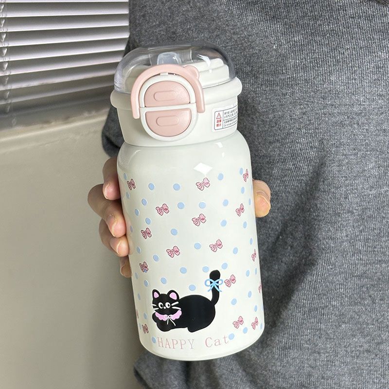 Large Capacity Thermos Cup Female Children s Straw Cup Good-looking Stainless Steel Water Kettle Primary School Student School Special Water Cup White Planet 500ml [Collect and Get a Cup Brush]