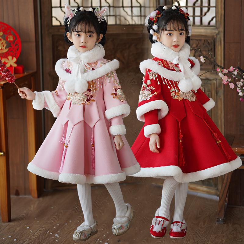 Girls' Velvet-Lined Winter Hanfu Dress - Chinese New Year Festive Outfit