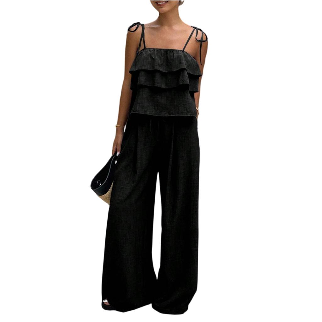 Damen Lässiges Rüschen-Lagen-Camisole-Top mit verstellbaren Trägern Lockere Weitbeinige Hose Zweiteiliges Set Sommer-Outfit